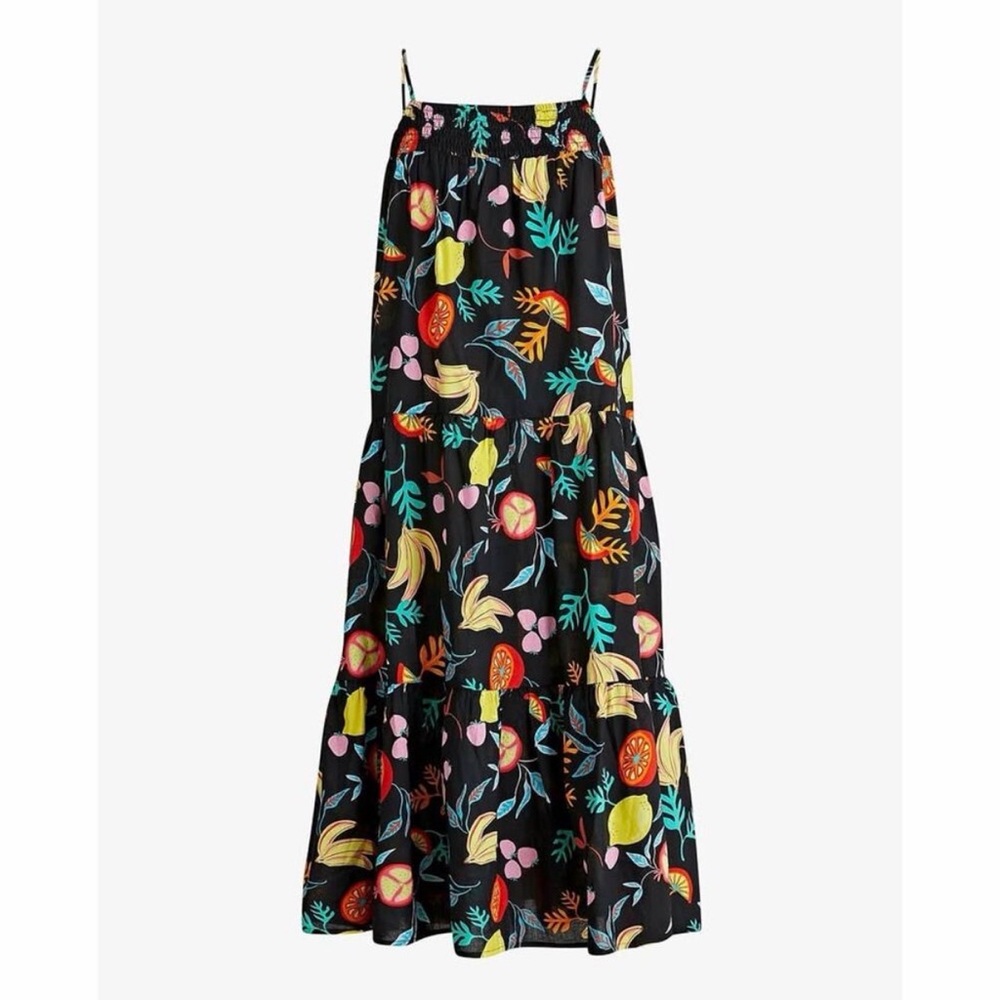 NWT J.Crew Women’s Fruit Novelty Printed Smocked Tiered Black Midi Dress‎